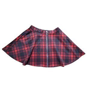 Hot Topic‎ O-Ring Plaid Zipper Skater Skirt Red Black Front Exposed Zipper 30